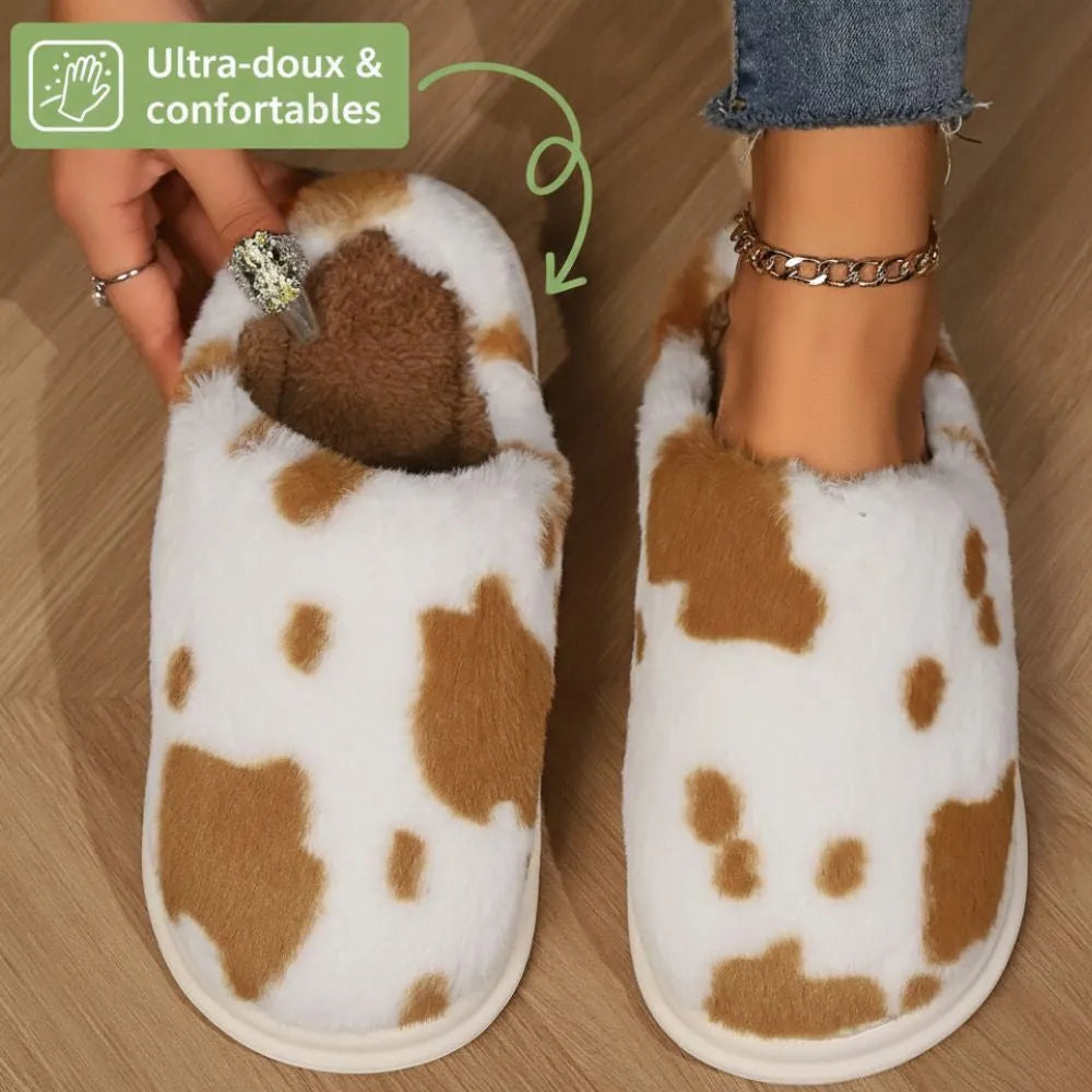 Damespantoffels met koeienprint | Warmte, cocooningcomfort & antislipzool