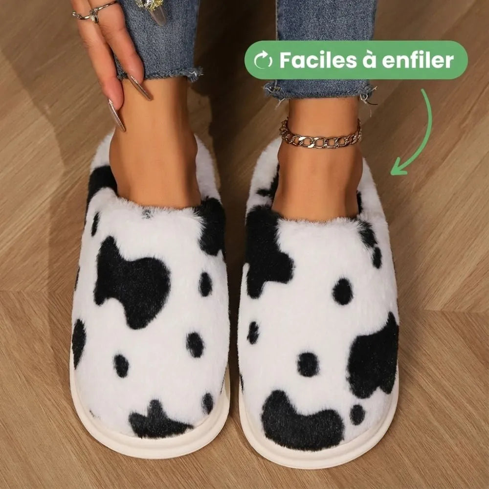 Damespantoffels met koeienprint | Warmte, cocooningcomfort & antislipzool