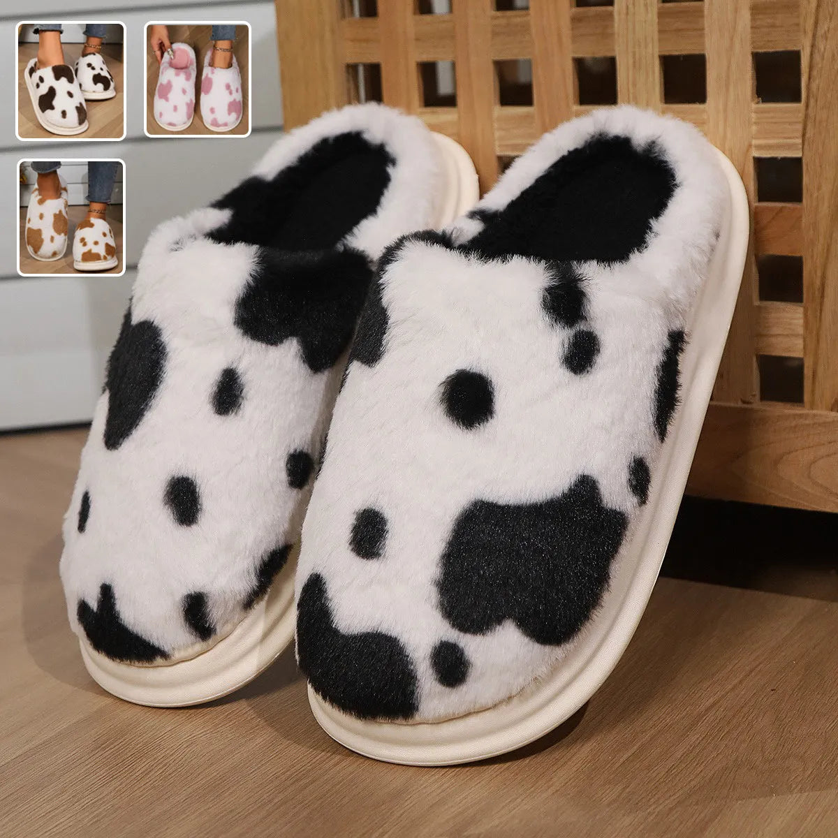 Damespantoffels met koeienprint | Warmte, cocooningcomfort & antislipzool