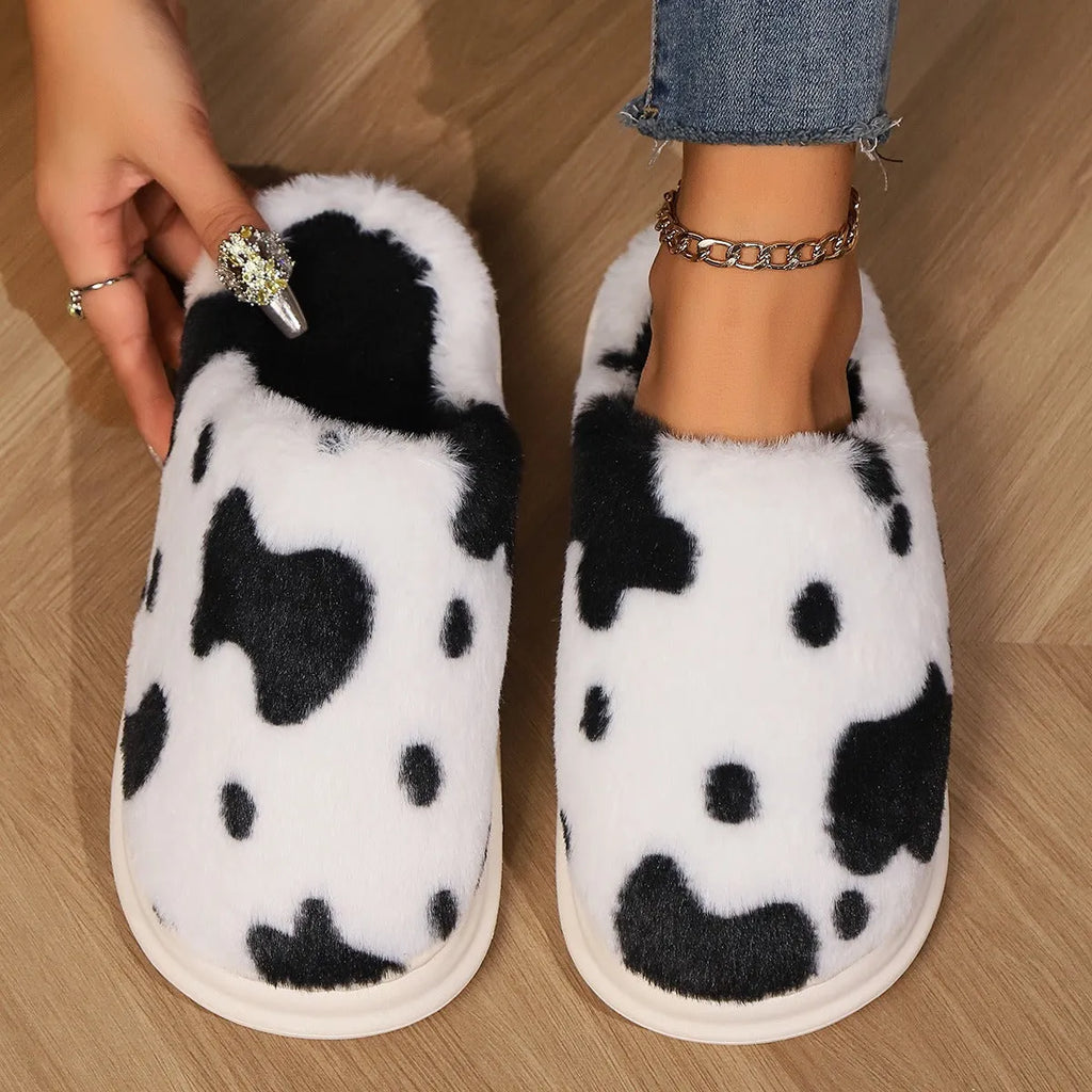 Damespantoffels met koeienprint | Warmte, cocooningcomfort & antislipzool